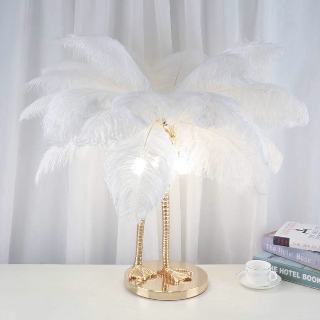 Forme Éthérée - Lampe de table avec plumes d'autruche et pieds d'oiseau uniques, Blanc