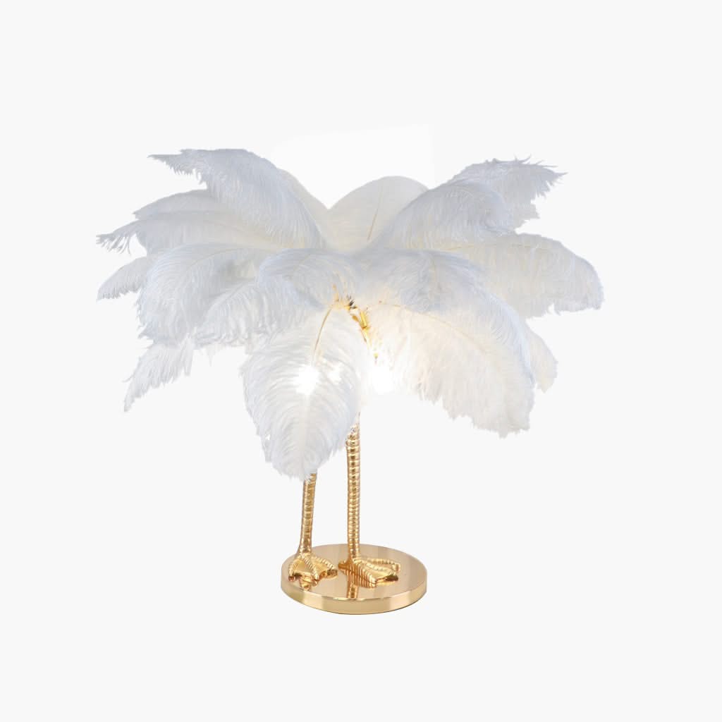 Forme Éthérée - Lampe de table avec plumes d'autruche et pieds d'oiseau uniques, Blanc