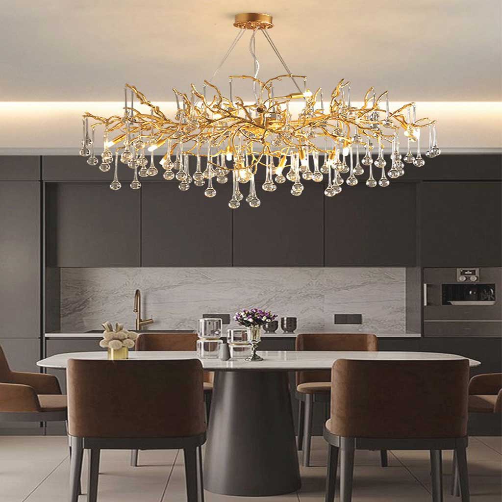 Élégante Lustre Luxe en Verre et Laiton avec Gouttes de Lumière