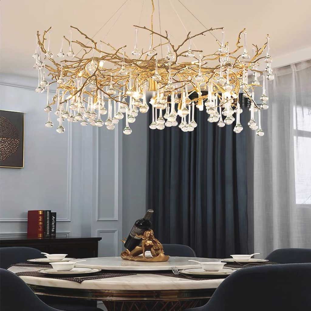 Élégante Lustre Luxe en Verre et Laiton avec Gouttes de Lumière