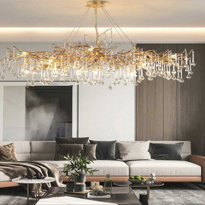 Élégante Lustre Luxe en Verre et Laiton avec Gouttes de Lumière